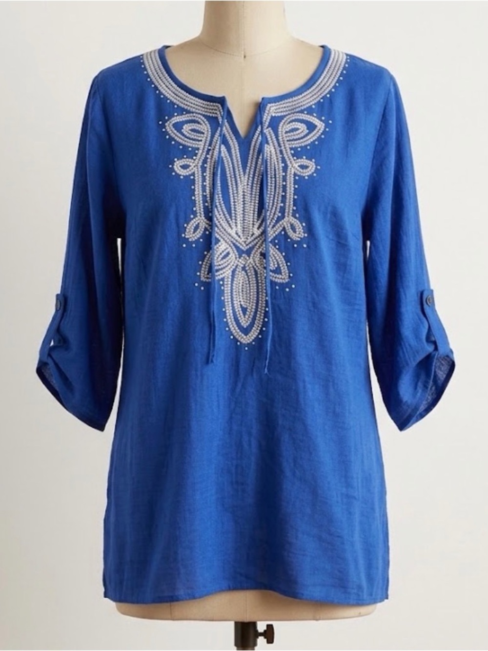 Royal Blue Embroidered Tunic Top 1X Boho Peasant Blouse Coastal Mediterranean